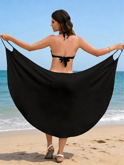 Women's Casual Asymmetric Collar Sleeveless Knit Cover Up, Regular Length Suitable For Vacation Beach Black Summer