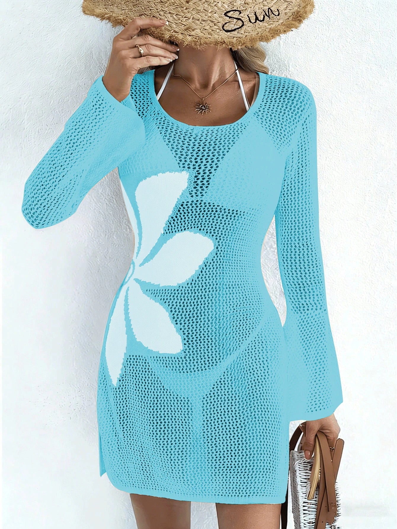 Women's Casual Basic Long Sleeve Knit Cover Up Dress, Semi-Sheer Round Neck With Beige Floral Pattern Vacation Beach Summer