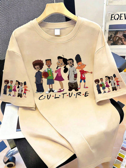Women's Casual Cartoon Pattern Short Sleeve Round Neck T-Shirt, Made Of Polyester Fiber, Machine Washable, Spring/Summer Ladies T-Shirt