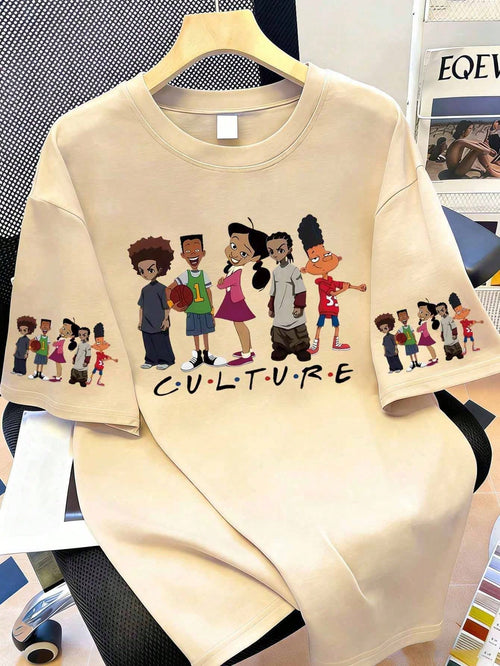 Women's Casual Cartoon Pattern Short Sleeve Round Neck T-Shirt, Made Of Polyester Fiber, Machine Washable, Spring/Summer Ladies T-Shirt