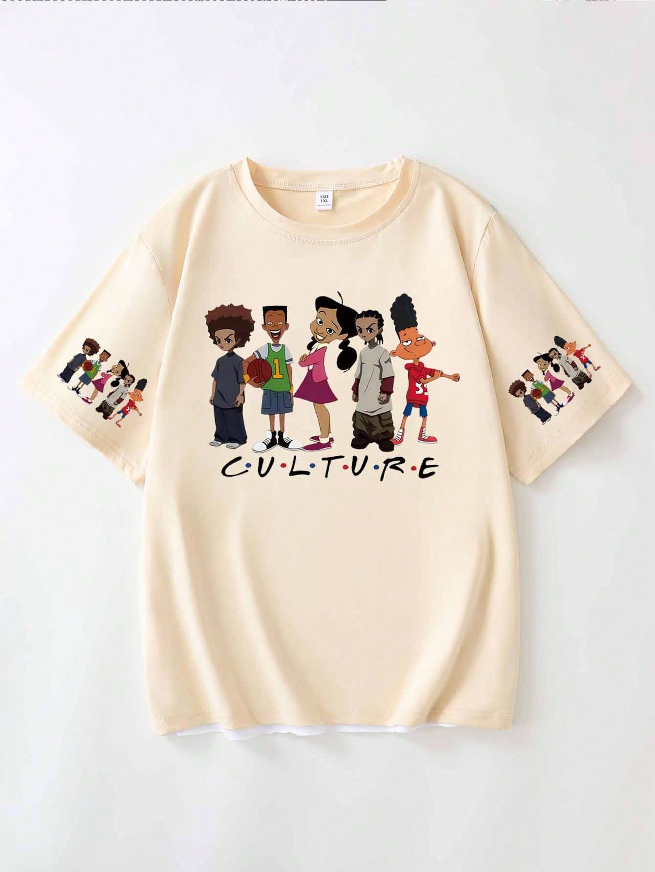 Women's Casual Cartoon Pattern Short Sleeve Round Neck T-Shirt, Made Of Polyester Fiber, Machine Washable, Spring/Summer Ladies T-Shirt