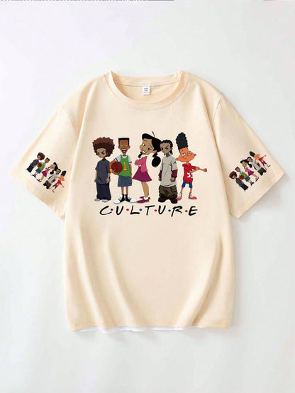 Women's Casual Cartoon Pattern Short Sleeve Round Neck T-Shirt, Made Of Polyester Fiber, Machine Washable, Spring/Summer Ladies T-Shirt