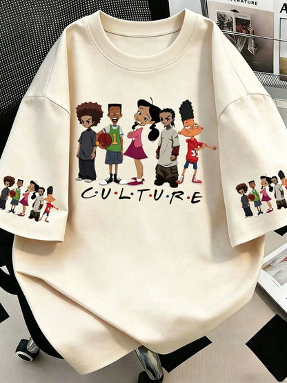 Women's Casual Cartoon Pattern Short Sleeve Round Neck T-Shirt, Made Of Polyester Fiber, Machine Washable, Spring/Summer Ladies T-Shirt