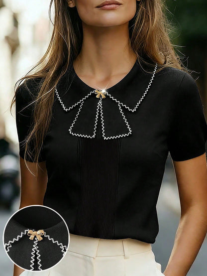 Women's Casual Collared Short Sleeve Bowknot Front Fitted Pullover Knit Top, Black & White Color Block, Spring/Summer