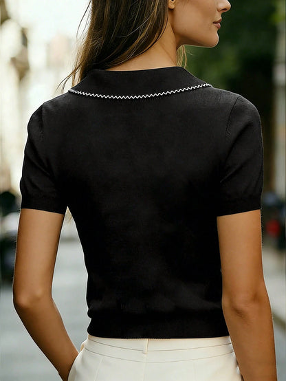 Women's Casual Collared Short Sleeve Bowknot Front Fitted Pullover Knit Top, Black & White Color Block, Spring/Summer