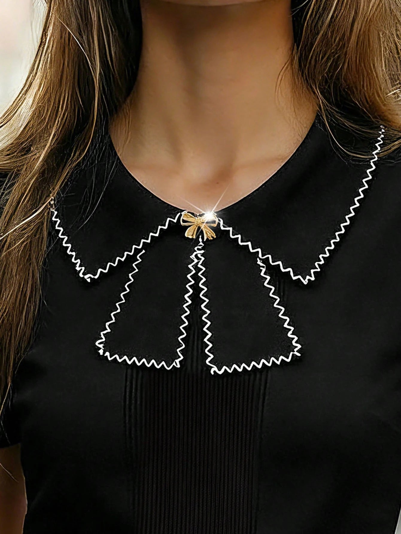 Women's Casual Collared Short Sleeve Bowknot Front Fitted Pullover Knit Top, Black & White Color Block, Spring/Summer
