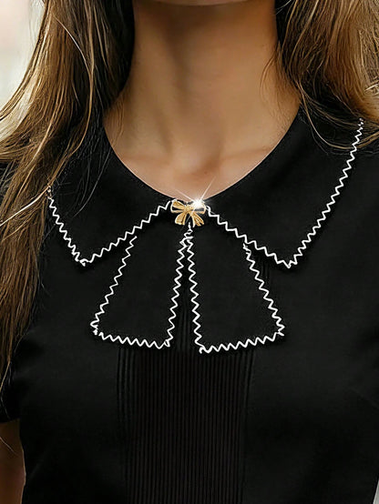 Women's Casual Collared Short Sleeve Bowknot Front Fitted Pullover Knit Top, Black & White Color Block, Spring/Summer
