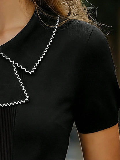 Women's Casual Collared Short Sleeve Bowknot Front Fitted Pullover Knit Top, Black & White Color Block, Spring/Summer