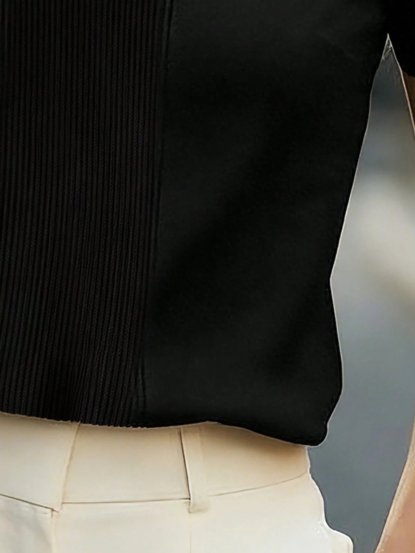 Women's Casual Collared Short Sleeve Bowknot Front Fitted Pullover Knit Top, Black & White Color Block, Spring/Summer