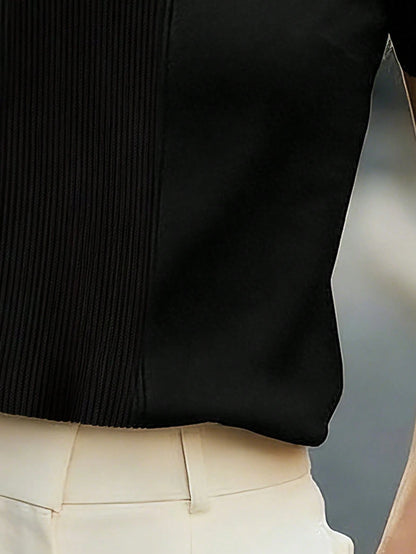 Women's Casual Collared Short Sleeve Bowknot Front Fitted Pullover Knit Top, Black & White Color Block, Spring/Summer