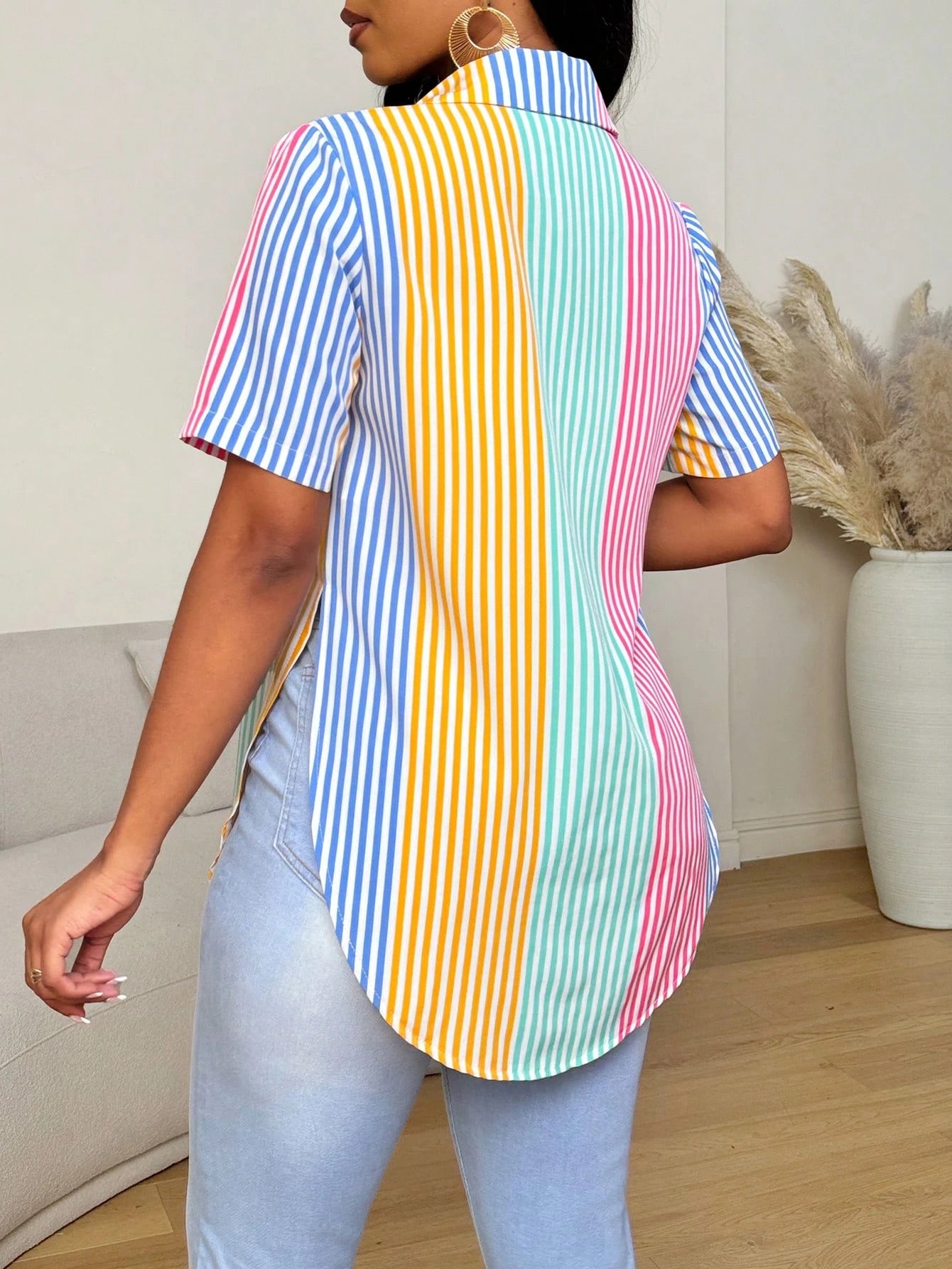 Women's Casual Daily Commute Minimalist Solid Color Short Sleeve Split Curved Hem Slim Fit Shirt, Summer