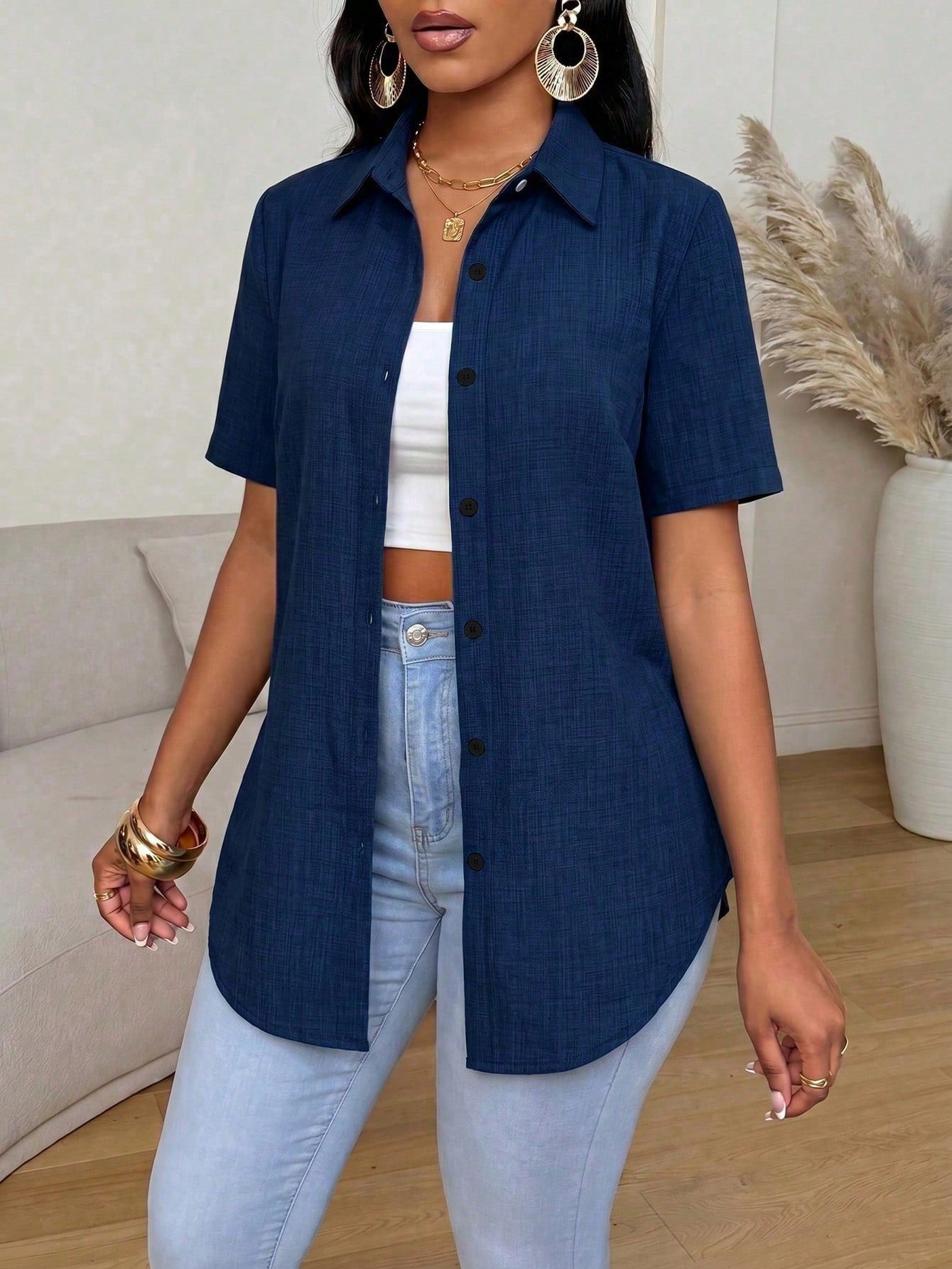 Women's Casual Daily Commute Minimalist Solid Color Short Sleeve Split Curved Hem Slim Fit Shirt, Summer