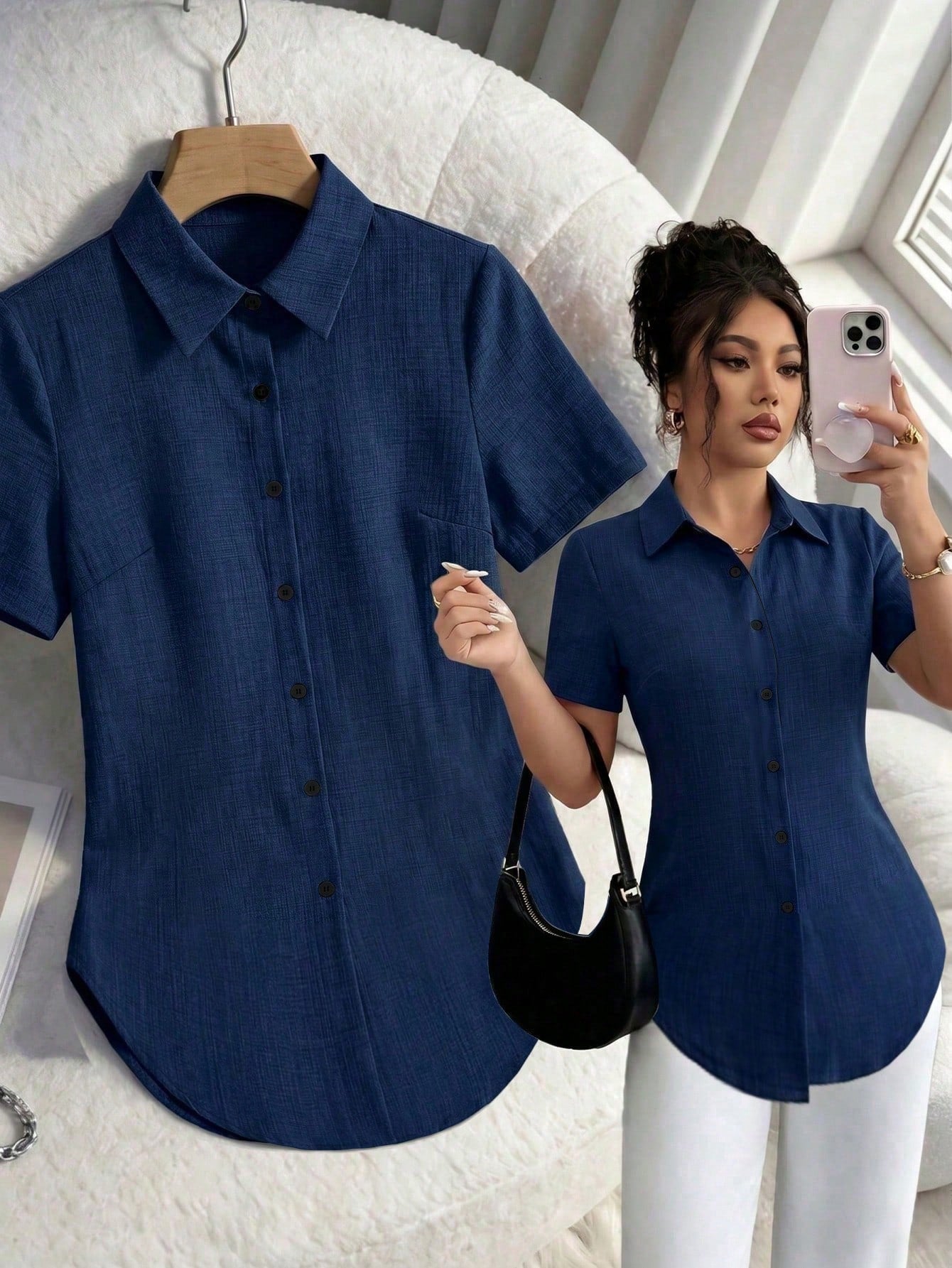 Women's Casual Daily Commute Minimalist Solid Color Short Sleeve Split Curved Hem Slim Fit Shirt, Summer