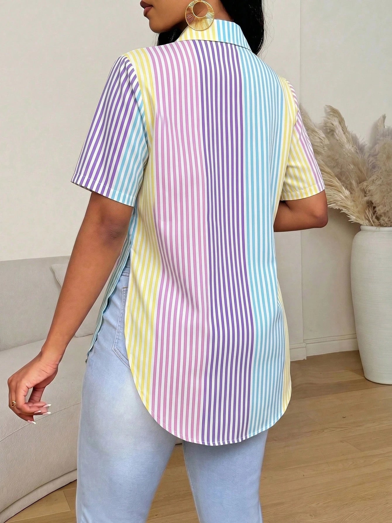Women's Casual Daily Commute Minimalist Solid Color Short Sleeve Split Curved Hem Slim Fit Shirt, Summer