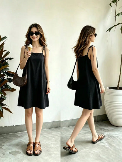 Women's Casual Elegant Black Spaghetti Strap Square Neck Sleeveless Mini Sun Dress, Flared Hem Design, Suitable For Party Wear Summer
