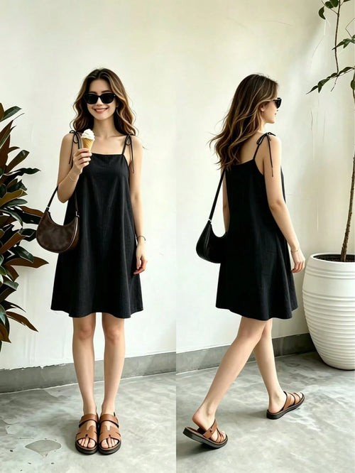 Women's Casual Elegant Black Spaghetti Strap Square Neck Sleeveless Mini Sun Dress, Flared Hem Design, Suitable For Party Wear Summer