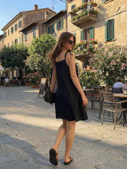 Women's Casual Elegant Black Spaghetti Strap Square Neck Sleeveless Mini Sun Dress, Flared Hem Design, Suitable For Party Wear Summer
