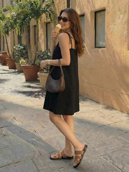 Women's Casual Elegant Black Spaghetti Strap Square Neck Sleeveless Mini Sun Dress, Flared Hem Design, Suitable For Party Wear Summer