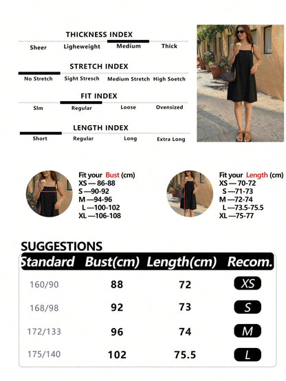 Women's Casual Elegant Black Spaghetti Strap Square Neck Sleeveless Mini Sun Dress, Flared Hem Design, Suitable For Party Wear Summer