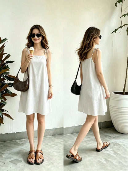 Women's Casual Elegant Black Spaghetti Strap Square Neck Sleeveless Mini Sun Dress, Flared Hem Design, Suitable For Party Wear Summer