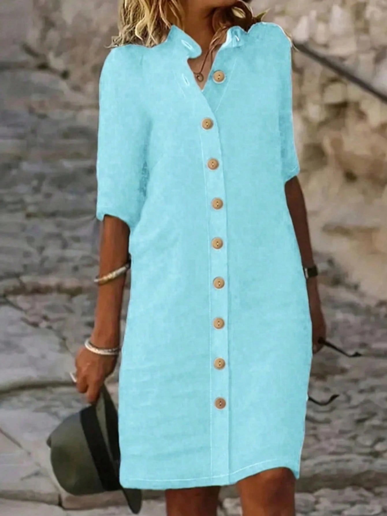 Women's Casual Green Button-Up Shirt Dress, Knee-Length Woven Fabric Mid-Length Dress For Back To School Season Elegant