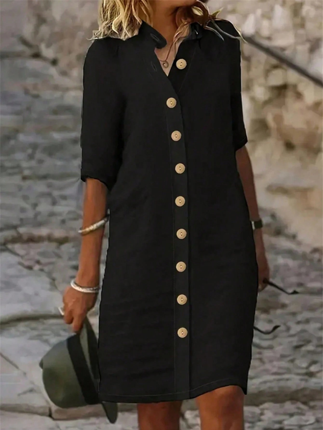 Women's Casual Green Button-Up Shirt Dress, Knee-Length Woven Fabric Mid-Length Dress For Back To School Season Elegant