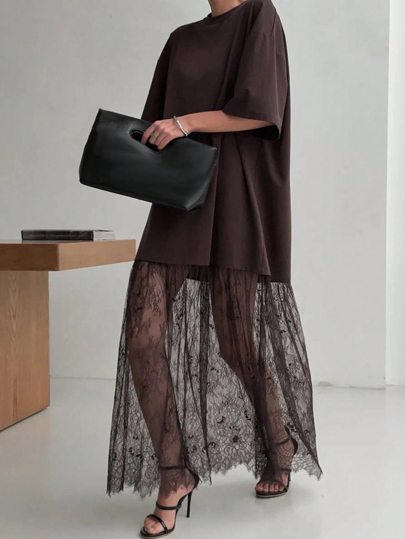 Women's Casual Lace Patchwork Short Sleeve Dress (No Belt), Suggest Ordering One Size Down Elegant Summer Brown