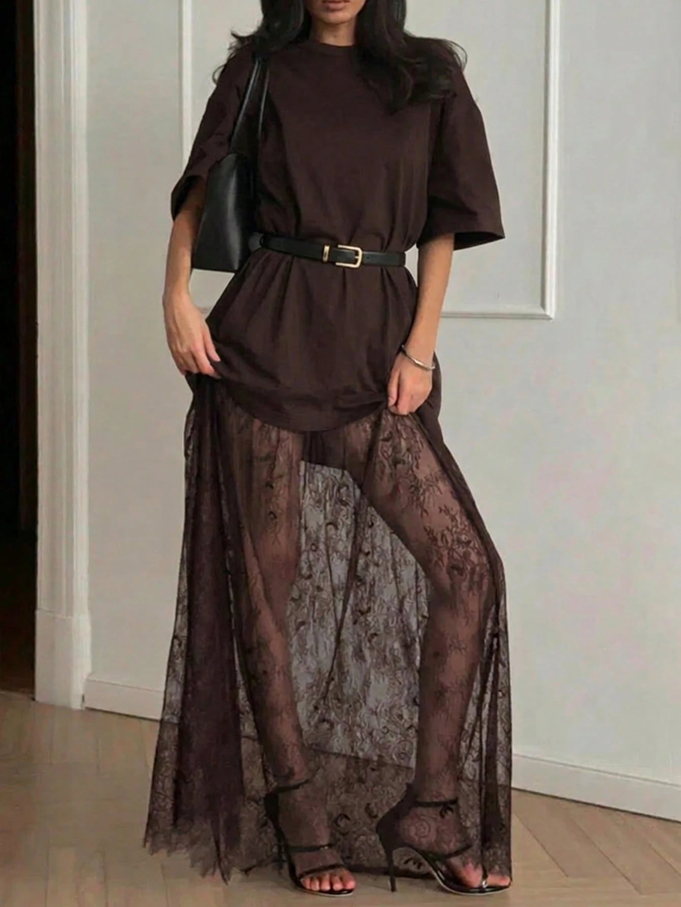 Women's Casual Lace Patchwork Short Sleeve Dress (No Belt), Suggest Ordering One Size Down Elegant Summer Brown