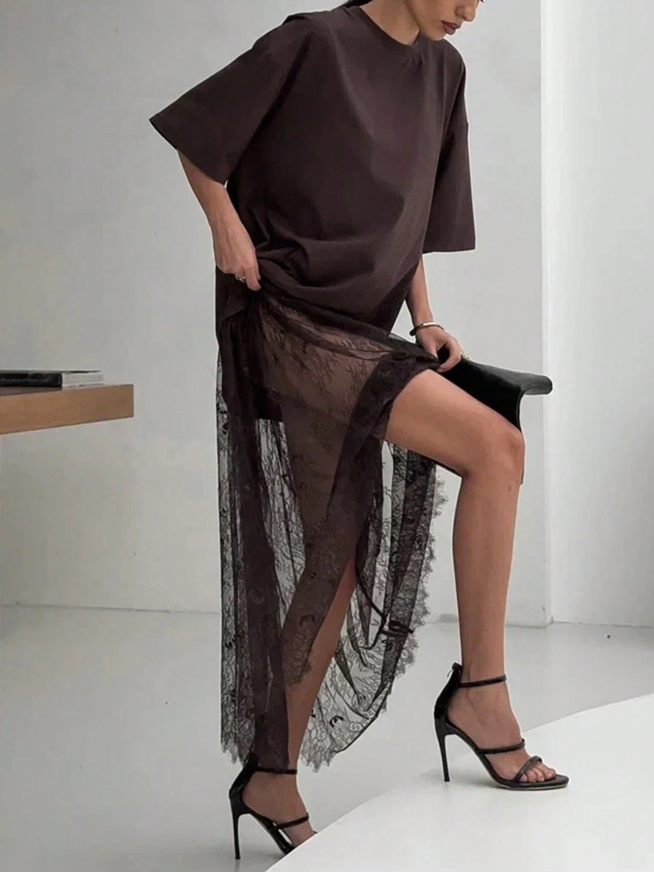 Women's Casual Lace Patchwork Short Sleeve Dress (No Belt), Suggest Ordering One Size Down Elegant Summer Brown