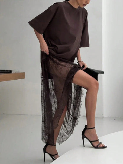 Women's Casual Lace Patchwork Short Sleeve Dress (No Belt), Suggest Ordering One Size Down Elegant Summer Brown