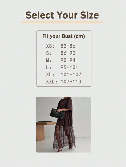 Women's Casual Lace Patchwork Short Sleeve Dress (No Belt), Suggest Ordering One Size Down Elegant Summer Brown