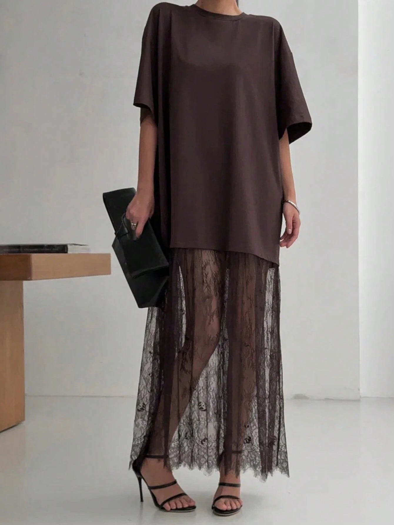 Women's Casual Lace Patchwork Short Sleeve Dress (No Belt), Suggest Ordering One Size Down Elegant Summer Brown