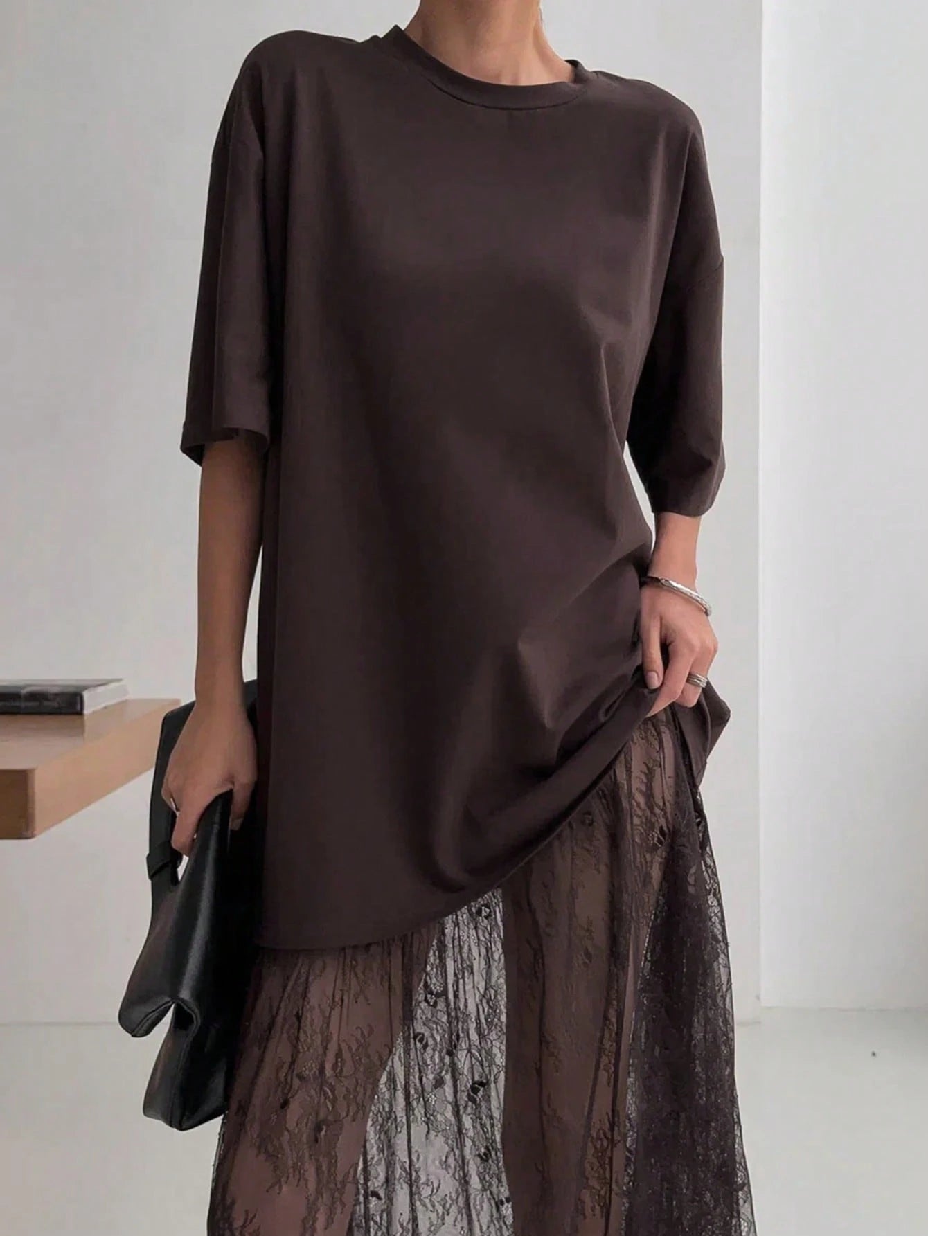 Women's Casual Lace Patchwork Short Sleeve Dress (No Belt), Suggest Ordering One Size Down Elegant Summer Brown