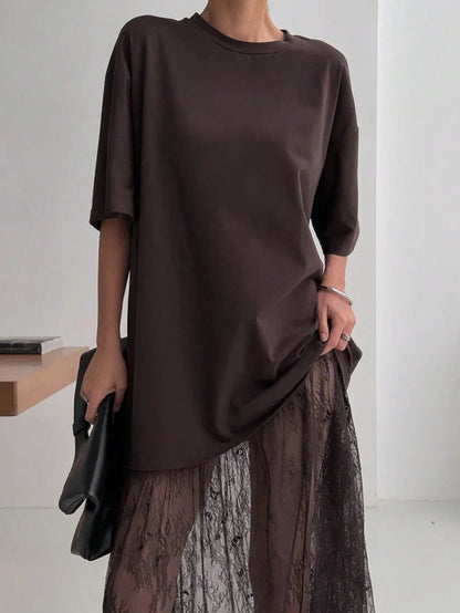 Women's Casual Lace Patchwork Short Sleeve Dress (No Belt), Suggest Ordering One Size Down Elegant Summer Brown