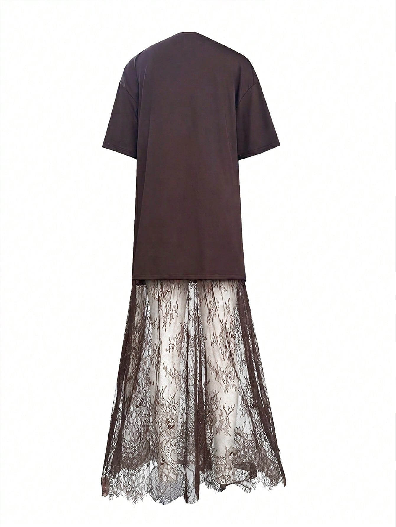 Women's Casual Lace Patchwork Short Sleeve Dress (No Belt), Suggest Ordering One Size Down Elegant Summer Brown