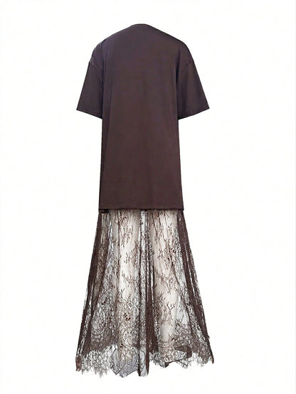 Women's Casual Lace Patchwork Short Sleeve Dress (No Belt), Suggest Ordering One Size Down Elegant Summer Brown