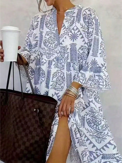 Women's Casual Resort Full Print Flare Sleeve Dress Elegant Spring
