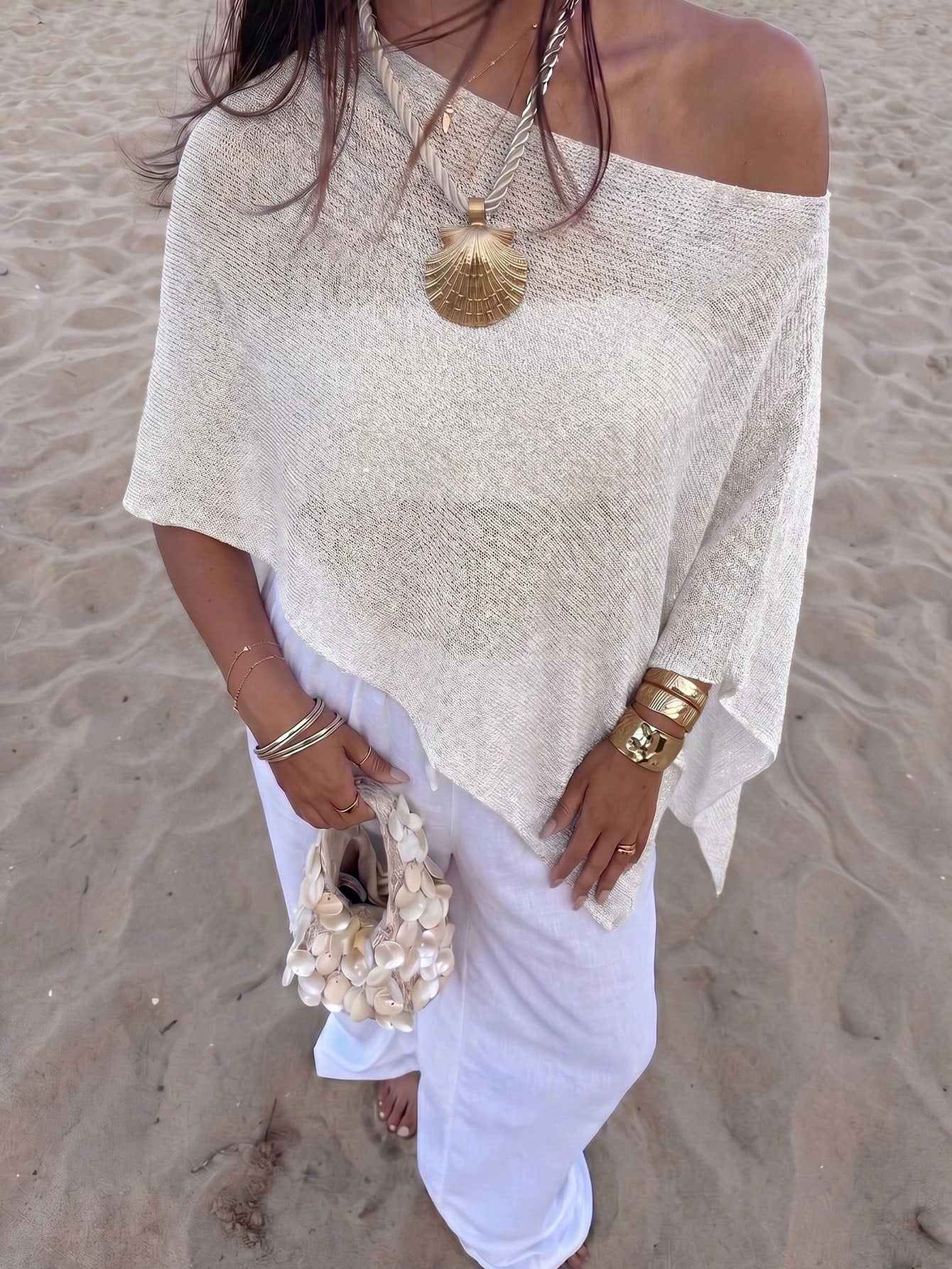 Women's Casual Sexy Shiny Lightweight Textured Solid Color Hollow Knit Cropped Top With Batwing Sleeves, Suitable For Summer Vacation & Beach White
