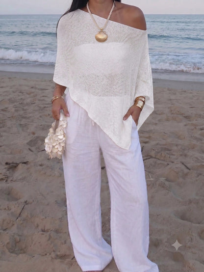 Women's Casual Sexy Shiny Lightweight Textured Solid Color Hollow Knit Cropped Top With Batwing Sleeves, Suitable For Summer Vacation & Beach White