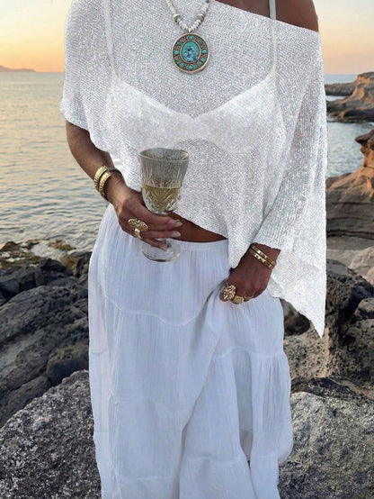 Women's Casual Sexy Shiny Lightweight Textured Solid Color Hollow Knit Cropped Top With Batwing Sleeves, Suitable For Summer Vacation & Beach White