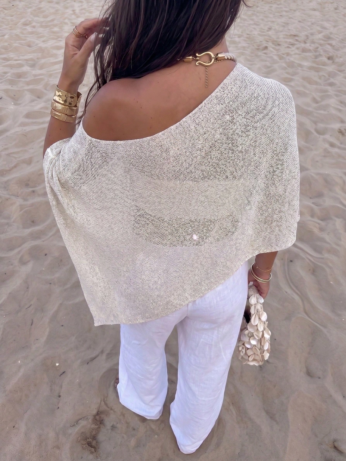 Women's Casual Sexy Shiny Lightweight Textured Solid Color Hollow Knit Cropped Top With Batwing Sleeves, Suitable For Summer Vacation & Beach White