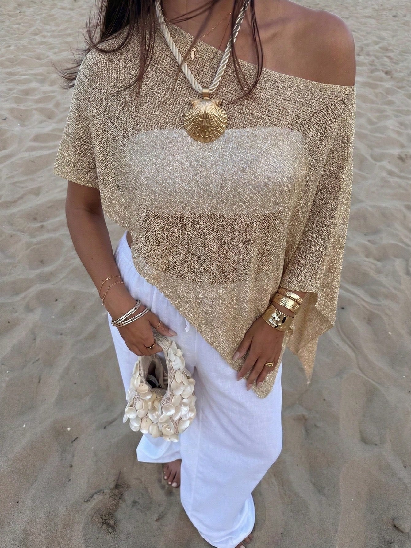 Women's Casual Sexy Shiny Lightweight Textured Solid Color Hollow Knit Cropped Top With Batwing Sleeves, Suitable For Summer Vacation & Beach White