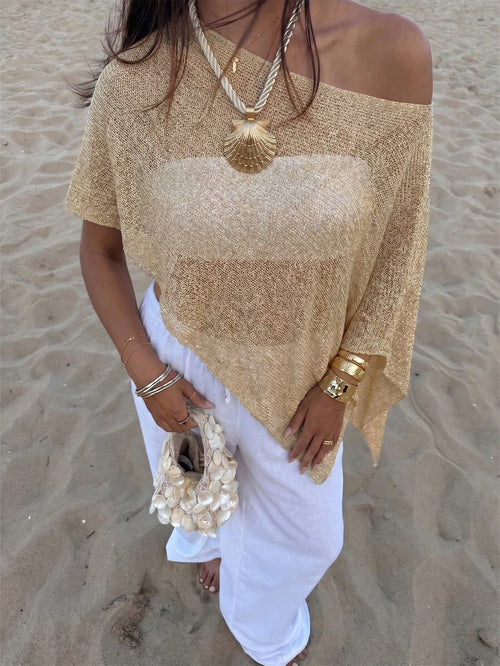 Women's Casual Sexy Shiny Lightweight Textured Solid Color Hollow Knit Short Cape-Style Batwing Sleeve Top, Summer Vacation Beach Cover-Up
