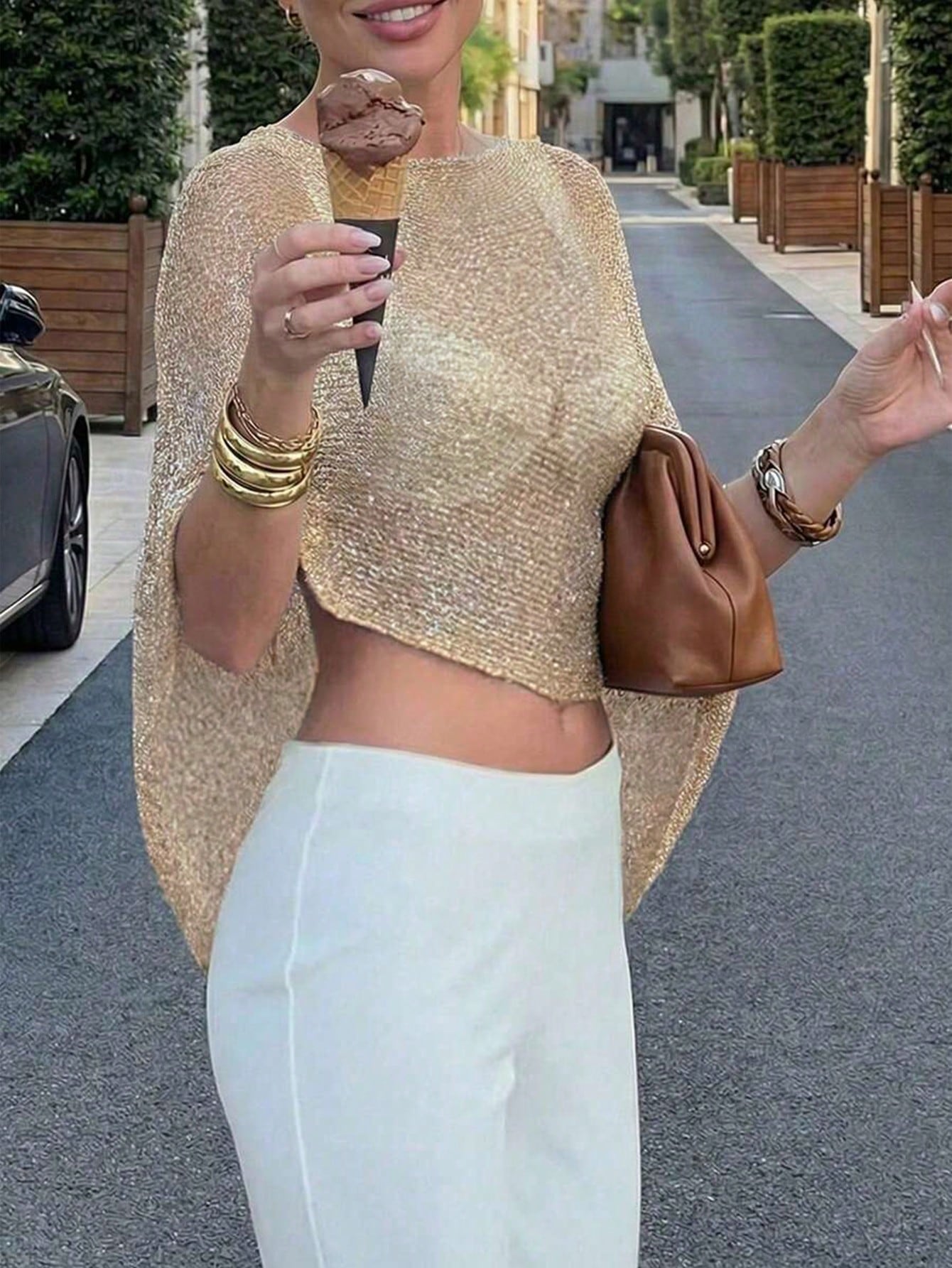 Women's Casual Sexy Shiny Lightweight Textured Solid Color Hollow Knit Short Cape-Style Batwing Sleeve Top, Summer Vacation Beach Cover-Up