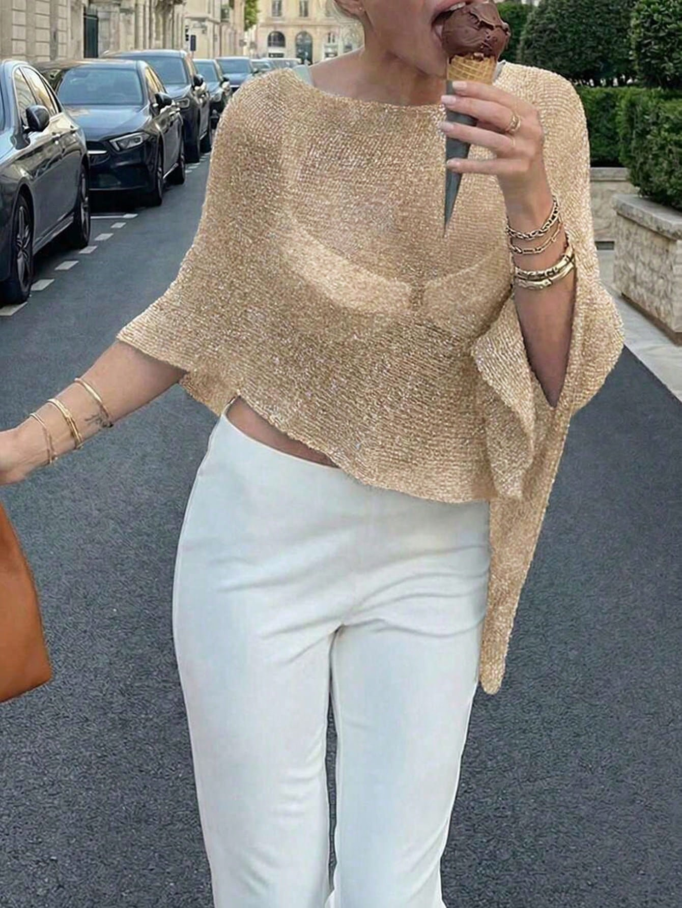Women's Casual Sexy Shiny Lightweight Textured Solid Color Hollow Knit Short Cape-Style Batwing Sleeve Top, Summer Vacation Beach Cover-Up