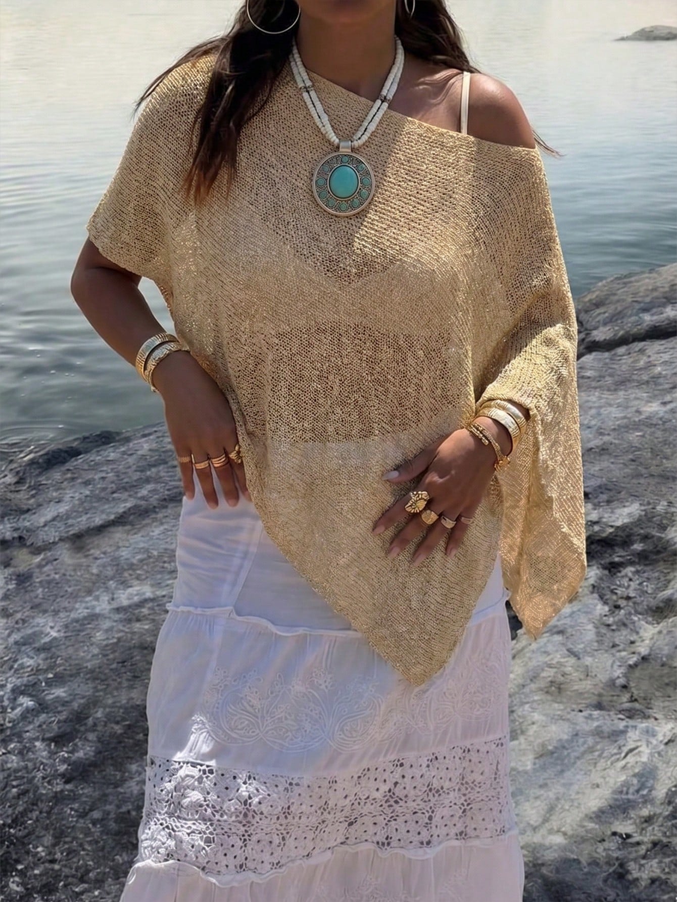 Women's Casual Sexy Shiny Lightweight Textured Solid Color Hollow Knit Short Cape-Style Batwing Sleeve Top, Summer Vacation Beach Cover-Up
