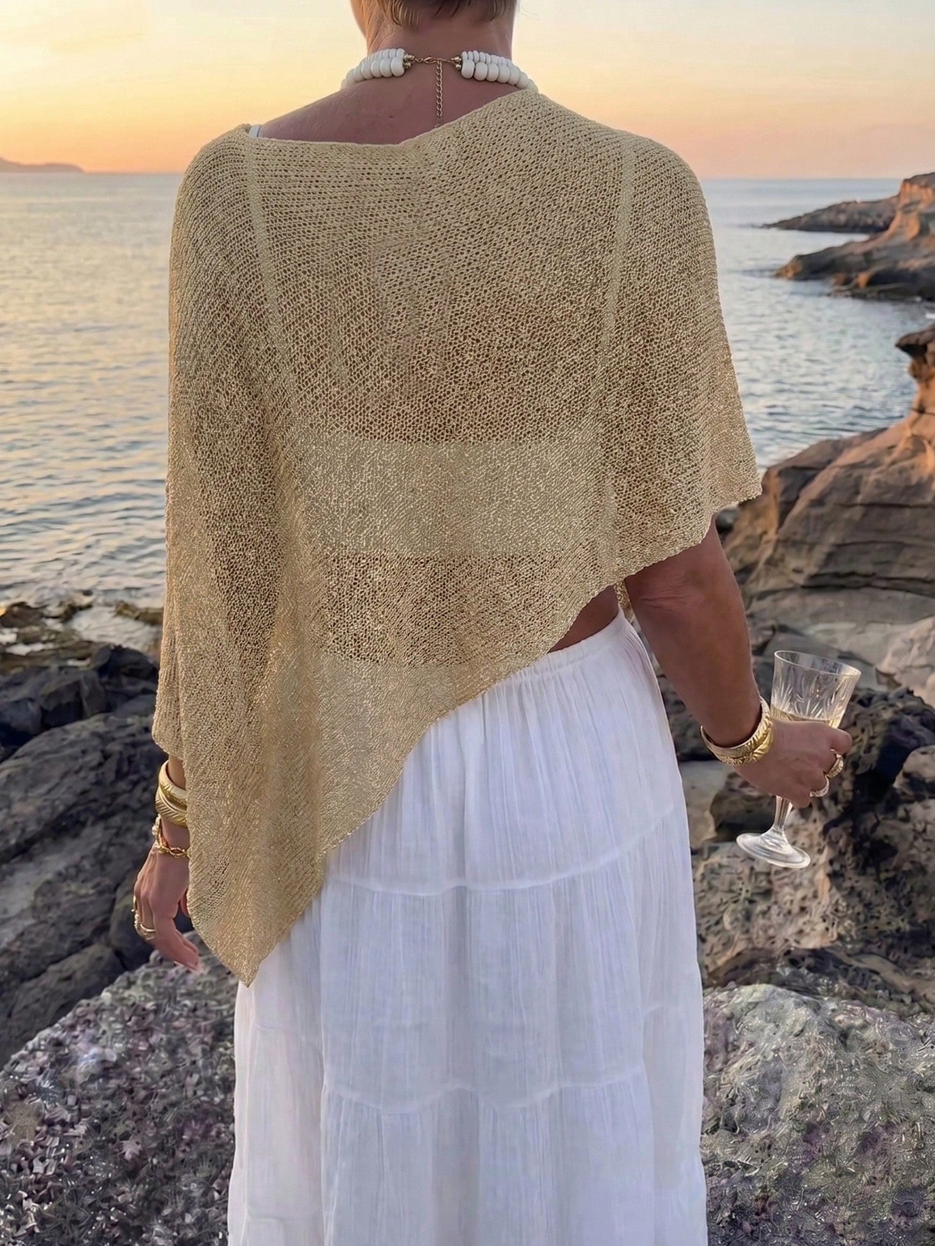 Women's Casual Sexy Shiny Lightweight Textured Solid Color Hollow Knit Short Cape-Style Batwing Sleeve Top, Summer Vacation Beach Cover-Up