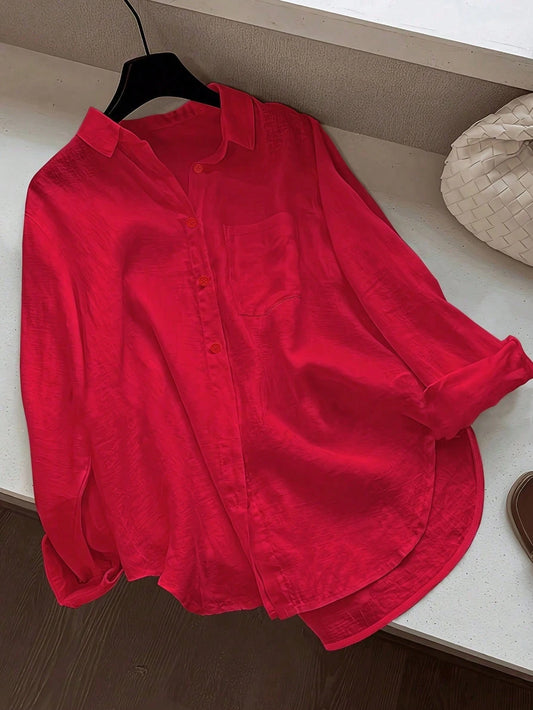 Women's Casual Solid Color Front Button Curved Hem Shirt Black Spring