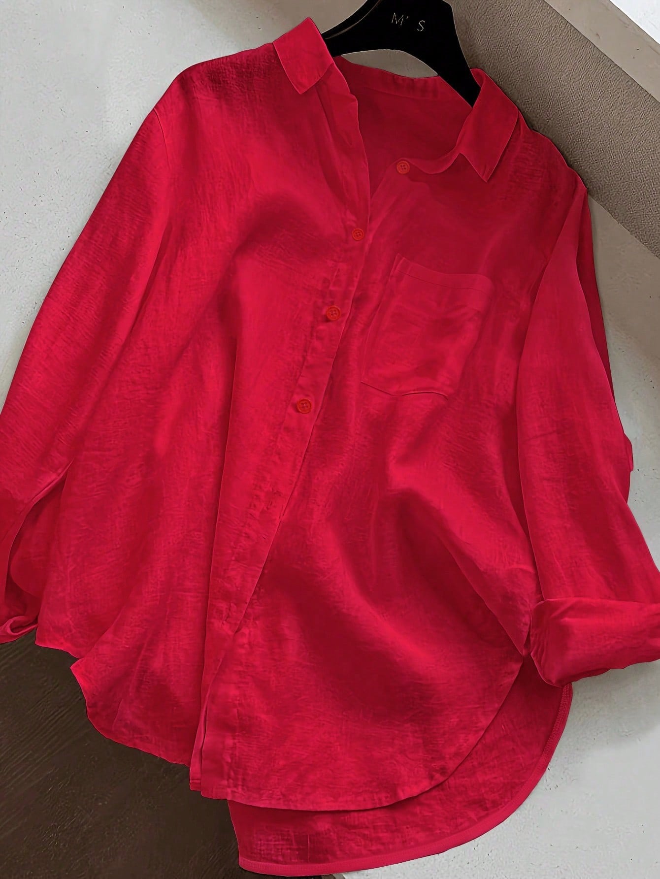 Women's Casual Solid Color Front Button Curved Hem Shirt Black Spring