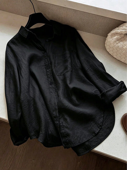 Women's Casual Solid Color Front Button Curved Hem Shirt Black Spring